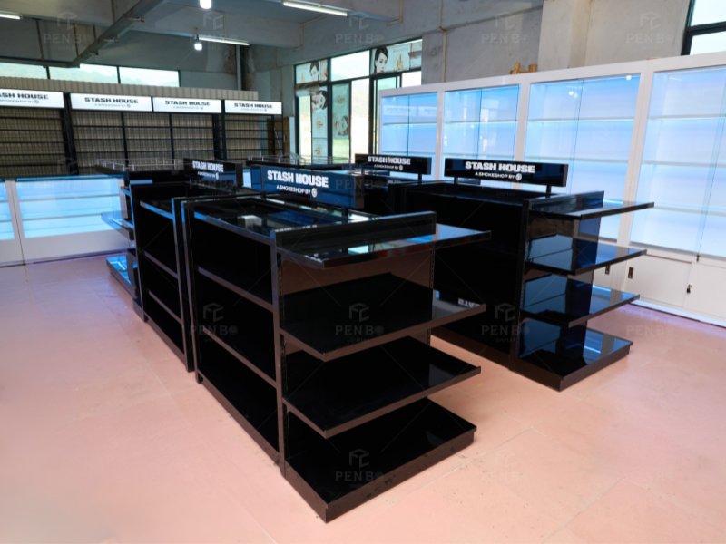 Smoke shop interior featuring modular display fixtures and shelving systems