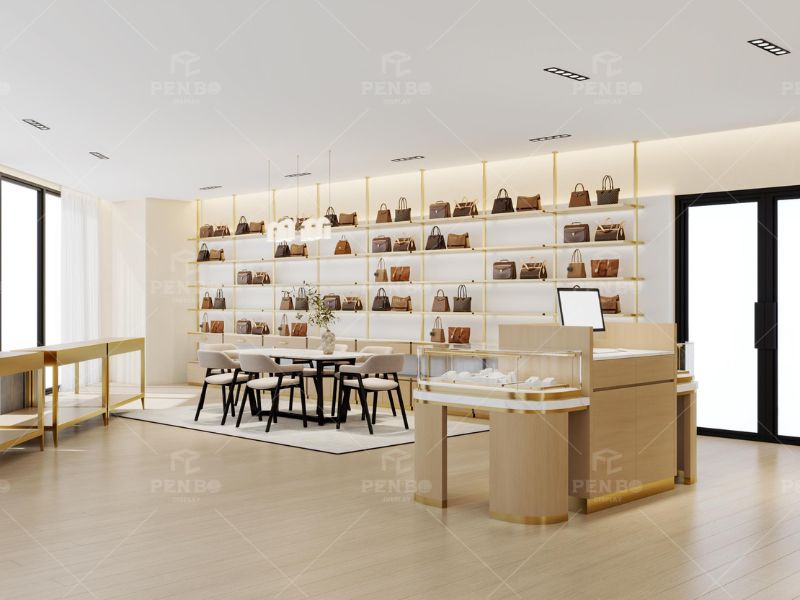 Luxury handbag store interior design with custom display cabinets