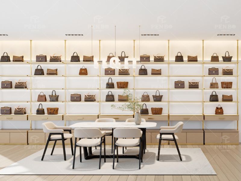 Luxury handbag store interior design with custom display cabinets