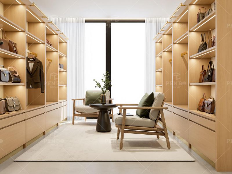 Luxury handbag store interior design with custom display cabinets