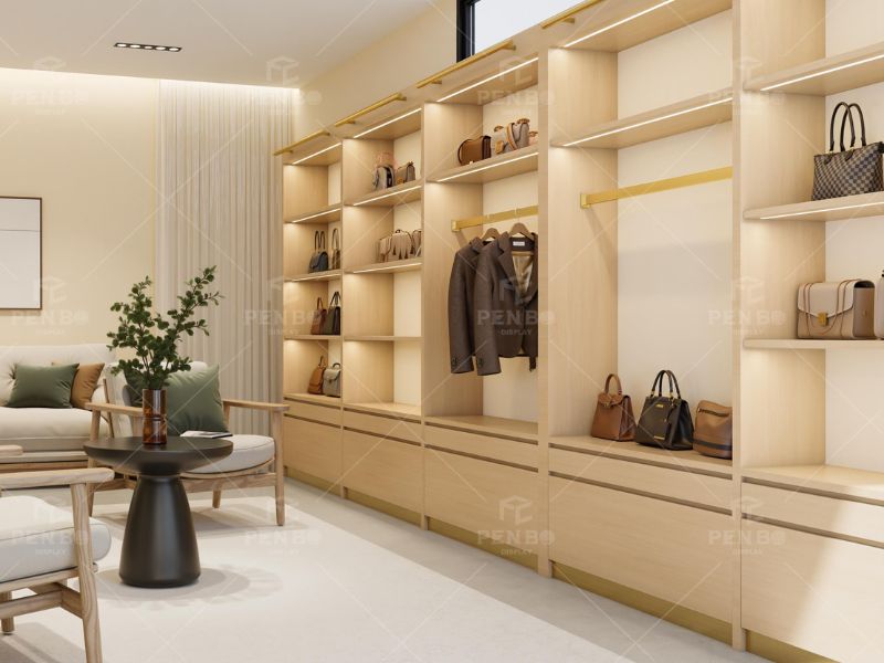 Luxury handbag store interior design with custom display cabinets