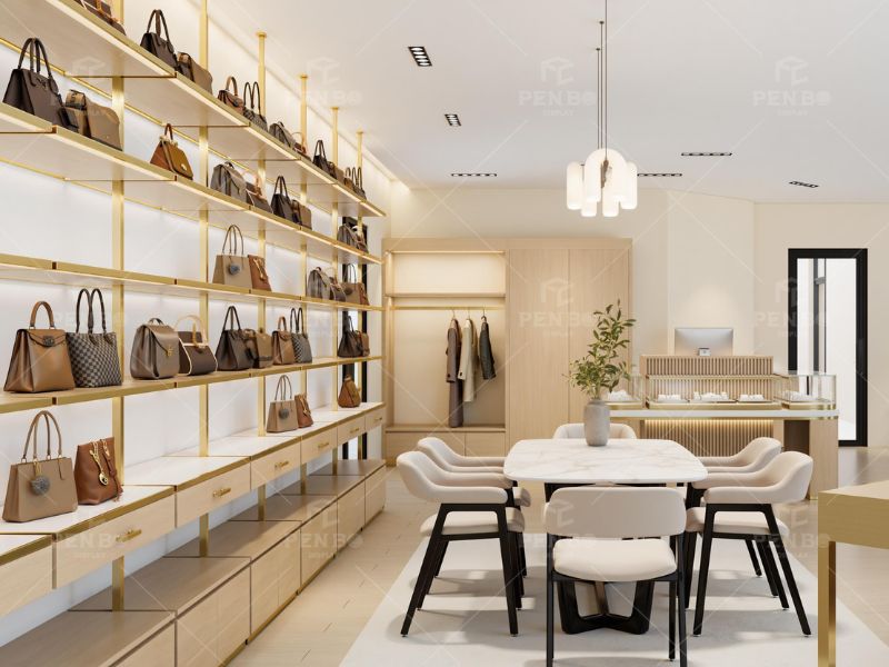 Luxury handbag store interior design with custom display cabinets