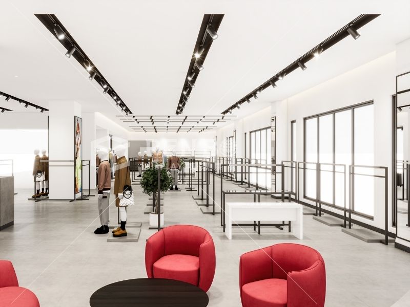 modern fast fashion store interior design，fashion boutique metal display fixtures