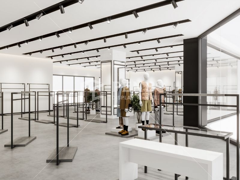 modern fast fashion store interior design，fashion boutique metal display fixtures