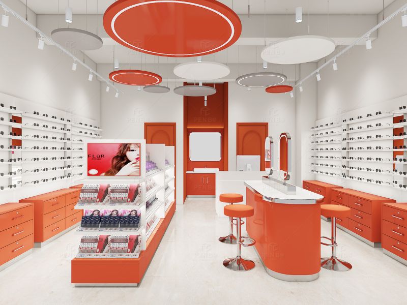 Custom optical store display fixtures for eyewear and eye care products