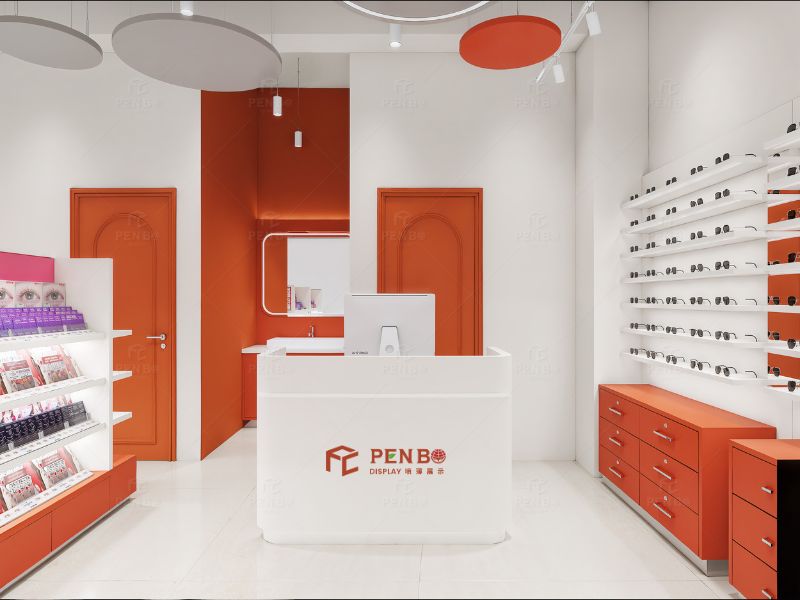 Optical store cashier and consultation counter with integrated display design