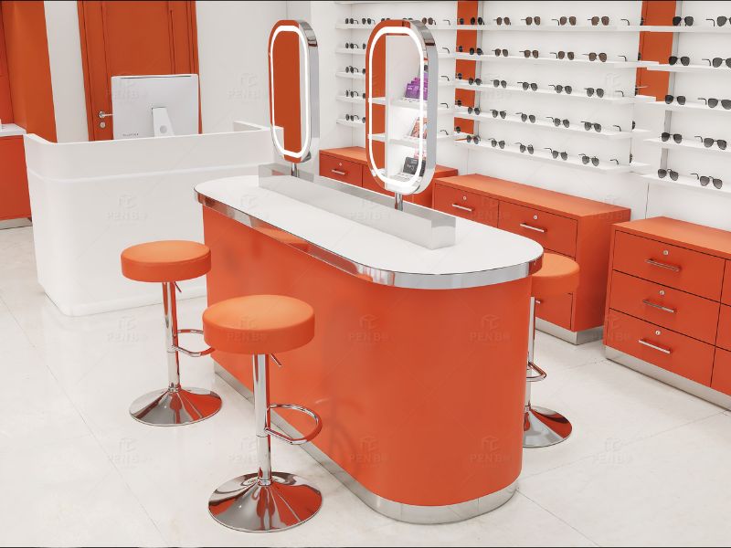 Eye care product display cabinets in optical retail store