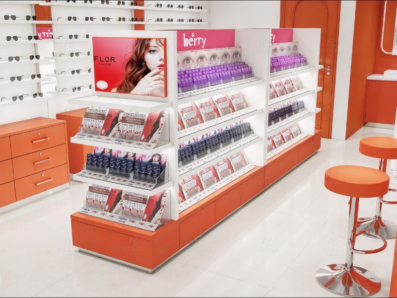Central island display counter for eyewear and eye care products in optical store