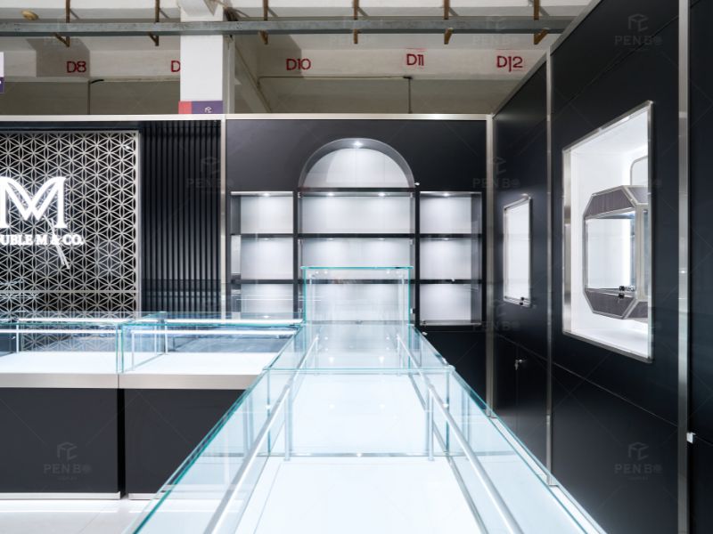 black white jewelry shop showcases interior