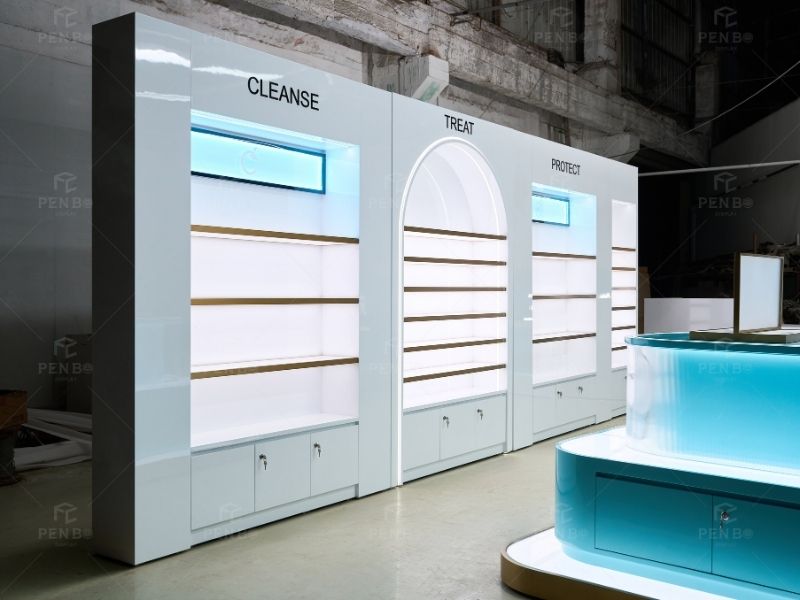 custom skincare display cabinets for beauty retail store