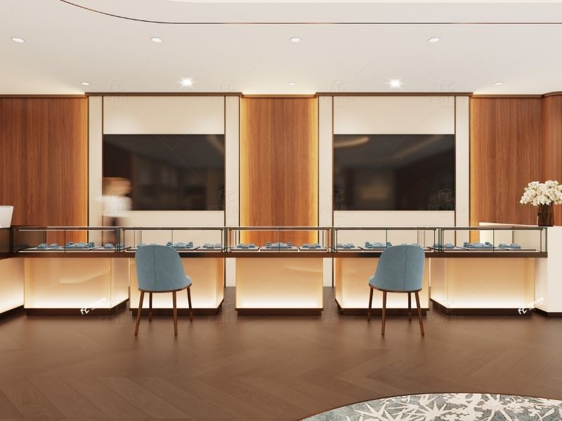 luxury jewelry boutique interior with custom jewelry display cabinets