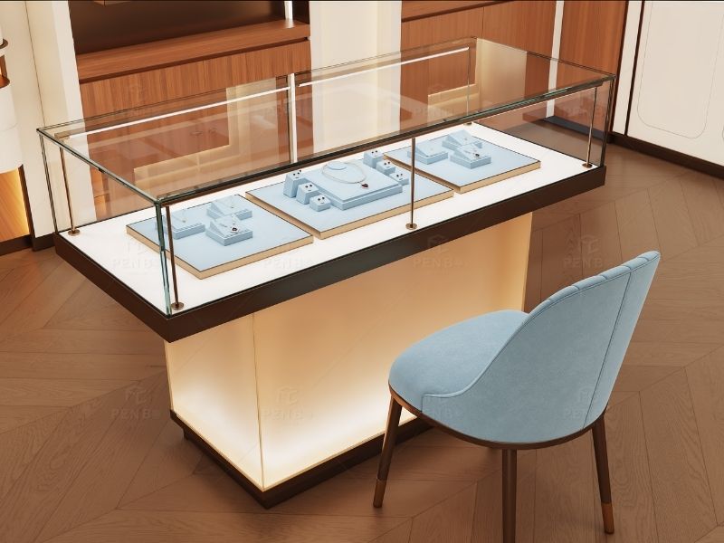 illuminated custom jewelry display counter for boutique store