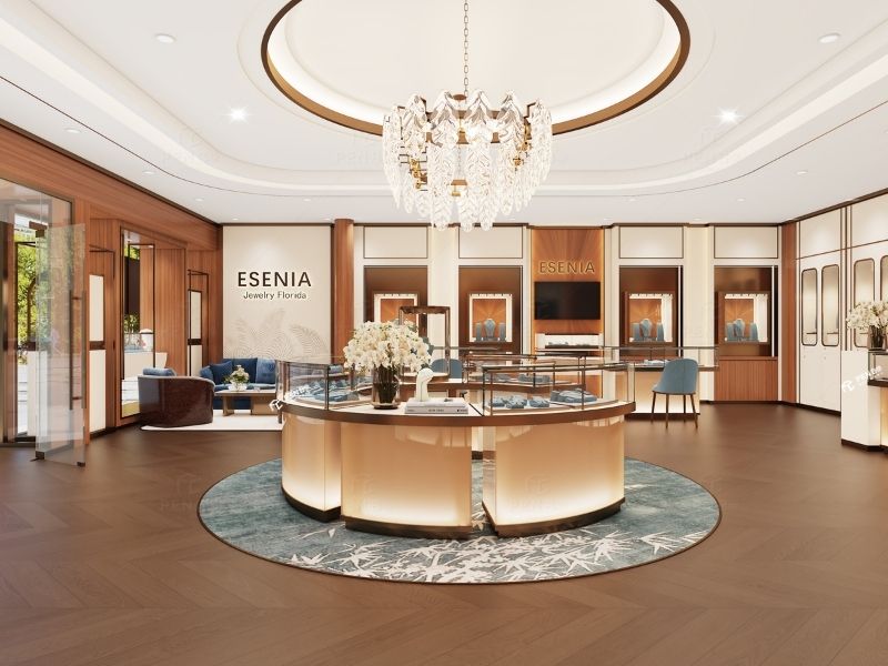 luxury jewelry store interior design with custom showcases
