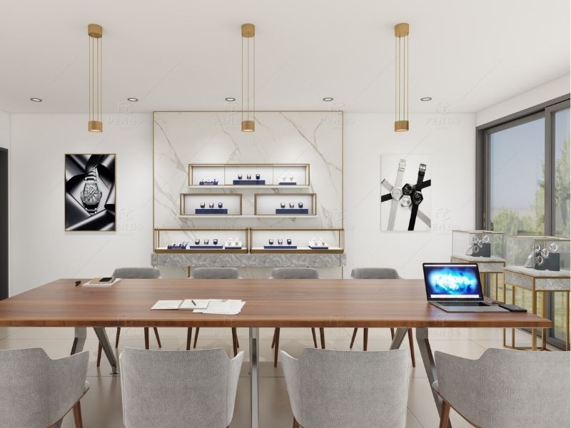 luxury watch store interior design with custom watch showcases