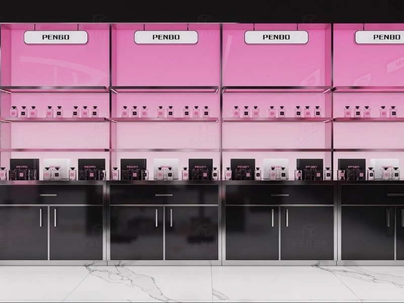 Luxury cosmetic store fixtures with custom makeup display cabinets