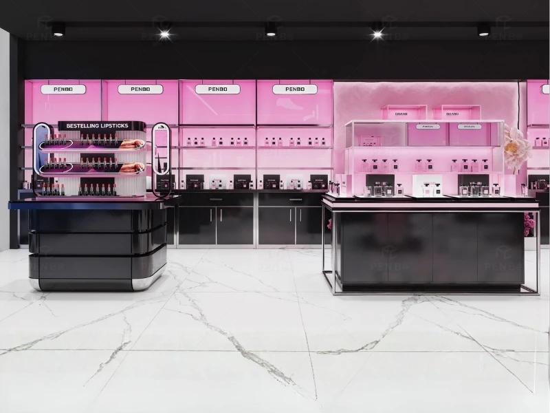 Luxury cosmetic store fixtures with custom makeup display cabinets