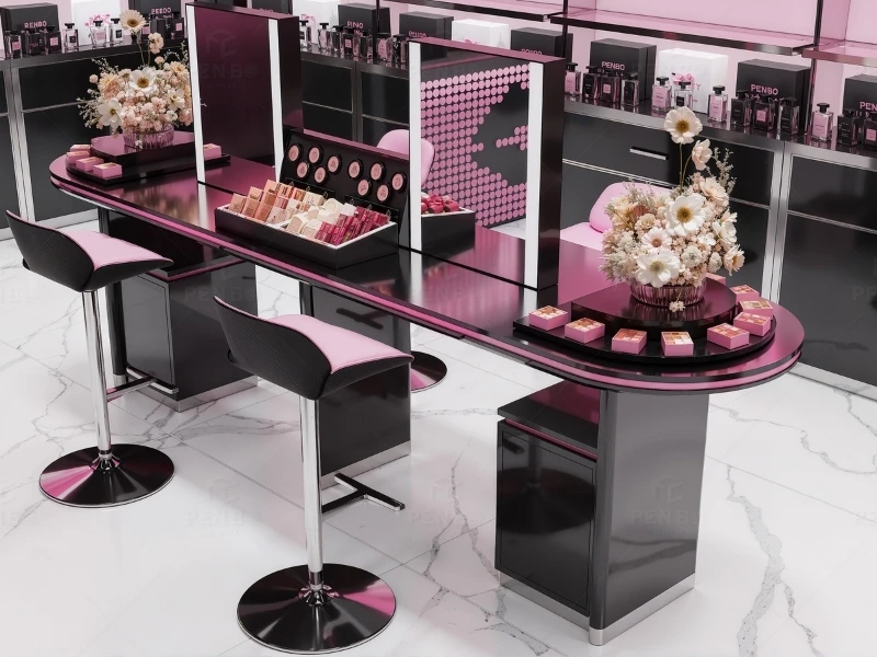 Luxury cosmetic store fixtures with custom makeup display cabinets