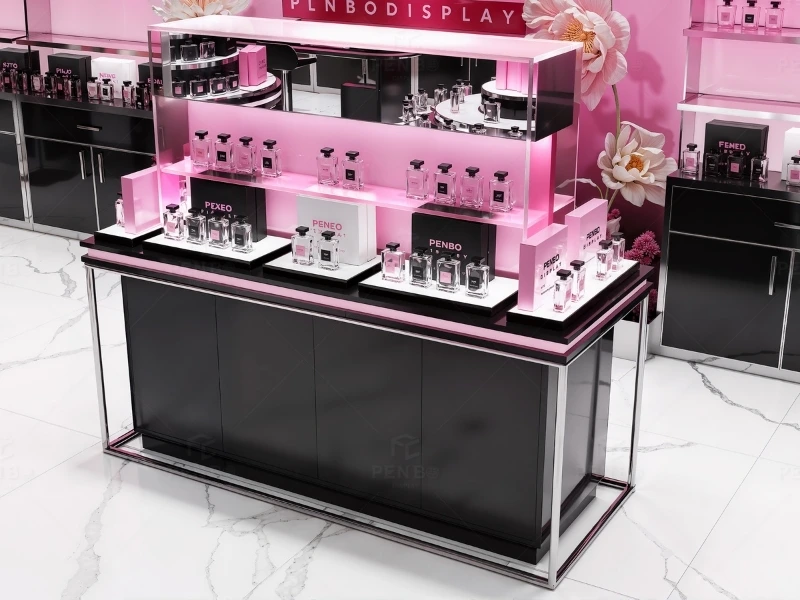 Luxury cosmetic store fixtures with custom makeup display cabinets