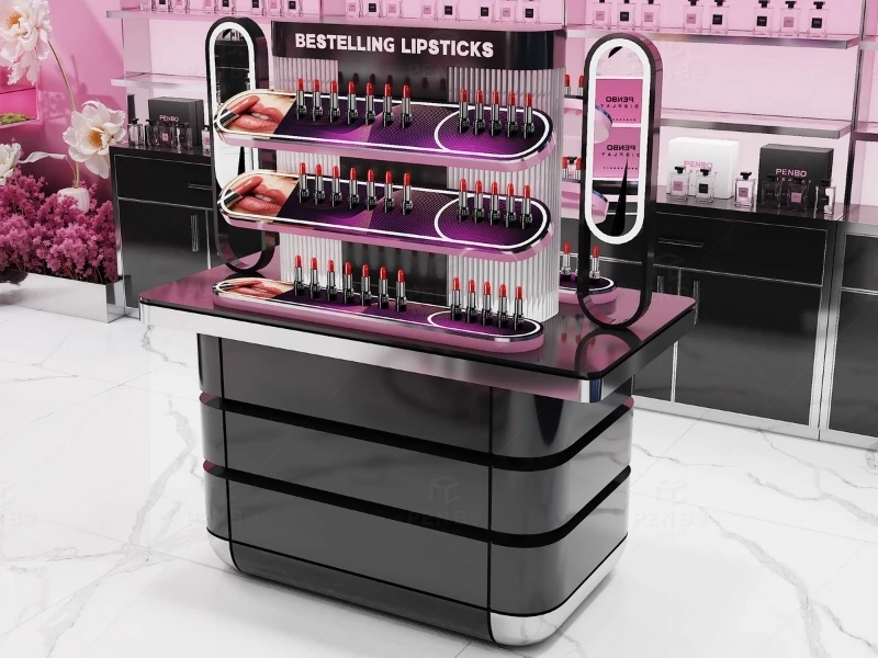 Luxury cosmetic store fixtures with custom makeup display cabinets