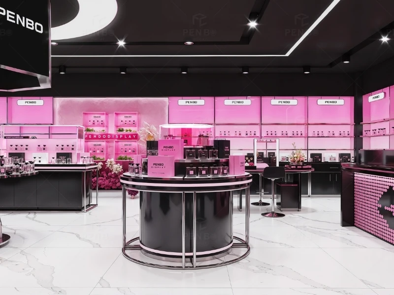 Luxury cosmetic store fixtures with custom makeup display cabinets