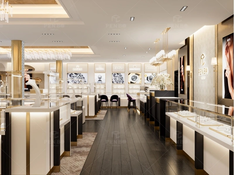 Luxury jewelry store interior design with custom jewelry showcases and watch display cabinets