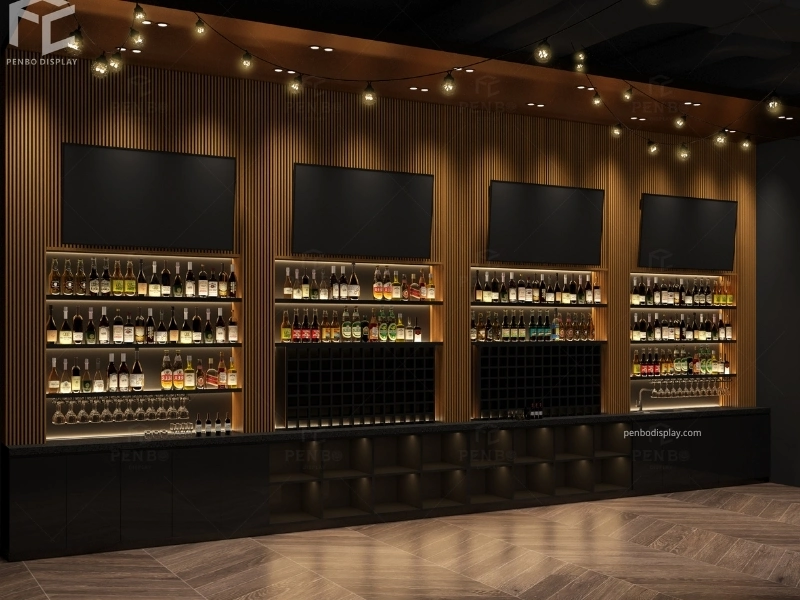 Custom bottle display cabinet with illuminated shelving for modern bar