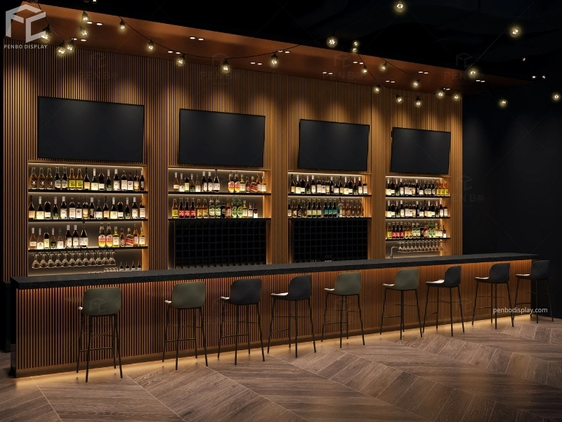 Custom commercial bar counter with integrated storage and lighting