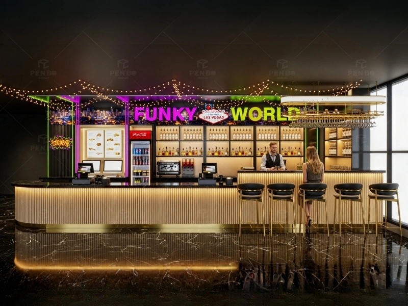 Custom bar and café fixtures with bespoke beverage counter design