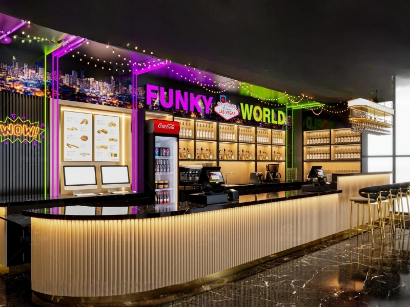 Custom bar and café fixtures with bespoke beverage counter design