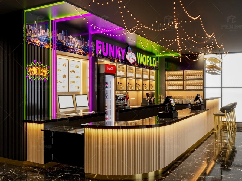 Custom bar and café fixtures with bespoke beverage counter design