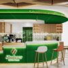 Custom coffee shop counter with green finish and integrated storage