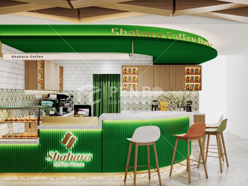 Custom coffee shop counter with green finish and integrated storage