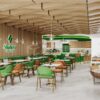 Modern coffee shop interior design with custom café fixtures and furniture