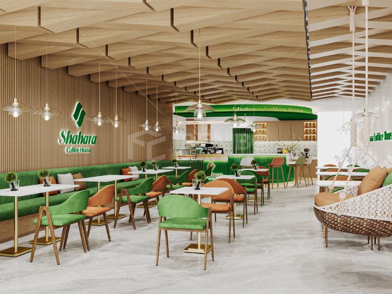 Modern coffee shop interior design with custom café fixtures and furniture