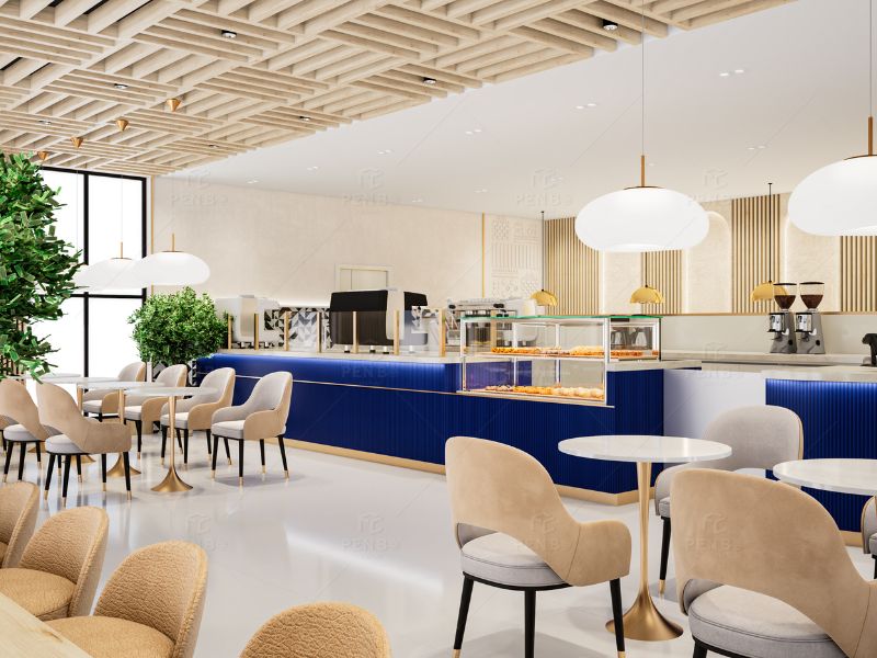 Custom coffee bar counter with blue finish for modern café interior