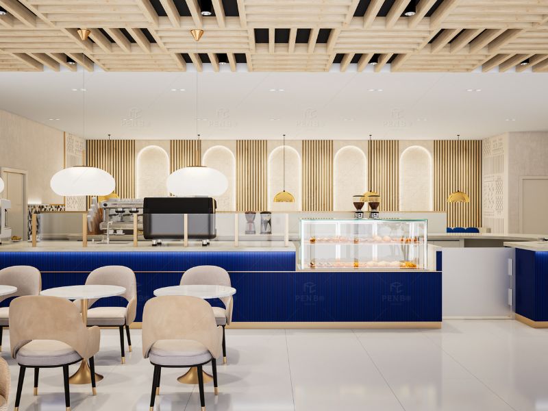 Modern café interior design with custom coffee shop fixtures and counter