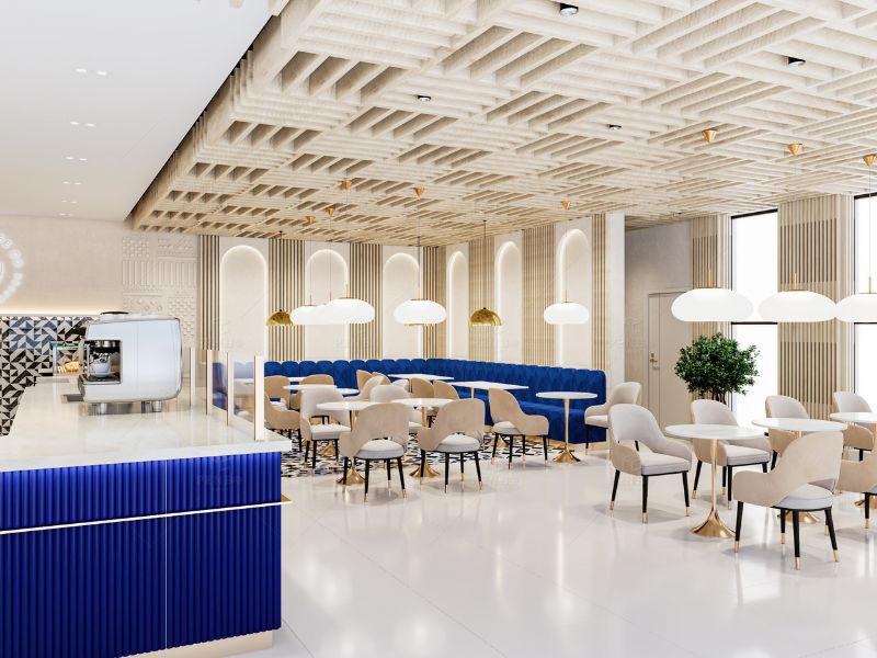 Premium coffee shop interior design with custom café fixtures