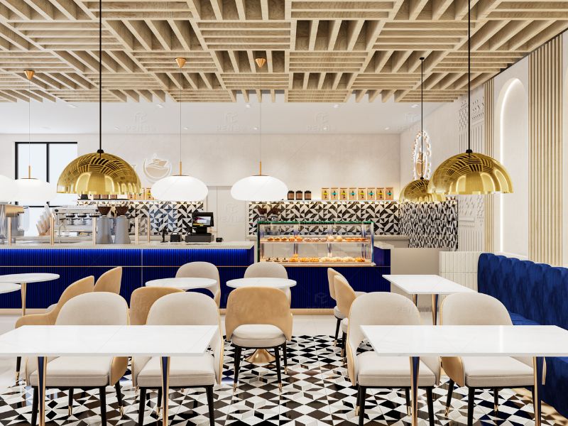 Modern café design featuring custom counters, display cabinets and premium interior finishes.