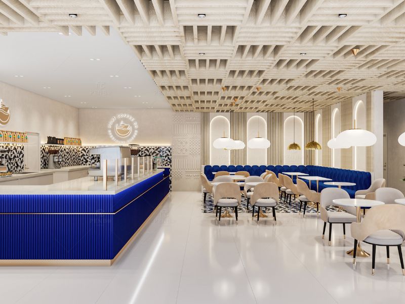 Premium coffee shop interior design with custom café fixtures