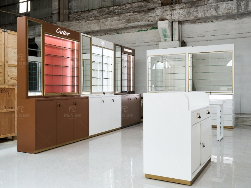 Custom illuminated optical wall showcase cabinet with brand logo display and lower storage drawers
