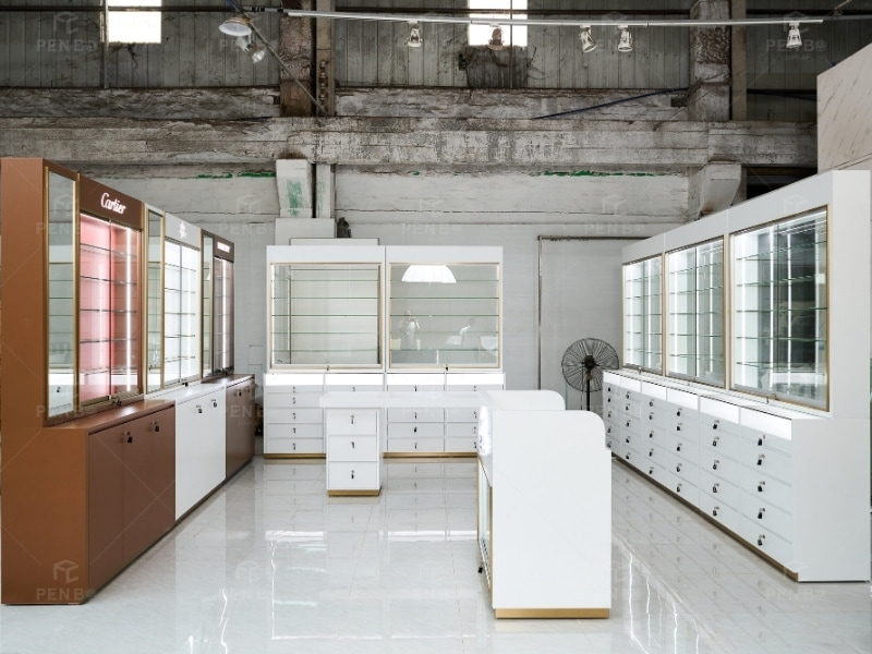 Factory direct custom optical shop and optometry room display cabinet setup with white LED wall showcases and storage drawers by Penbo Display