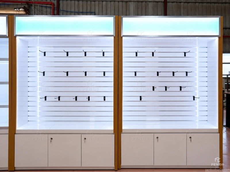 LED mobile phone accessories display cabinets with adjustable slatwall hooks