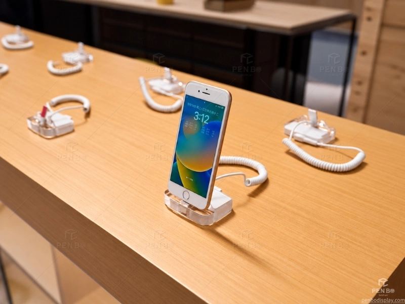 Wooden mobile phone display table with security holders for a cell phone store