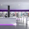 Custom mobile phone store design with phone display tables and accessory wall fixtures