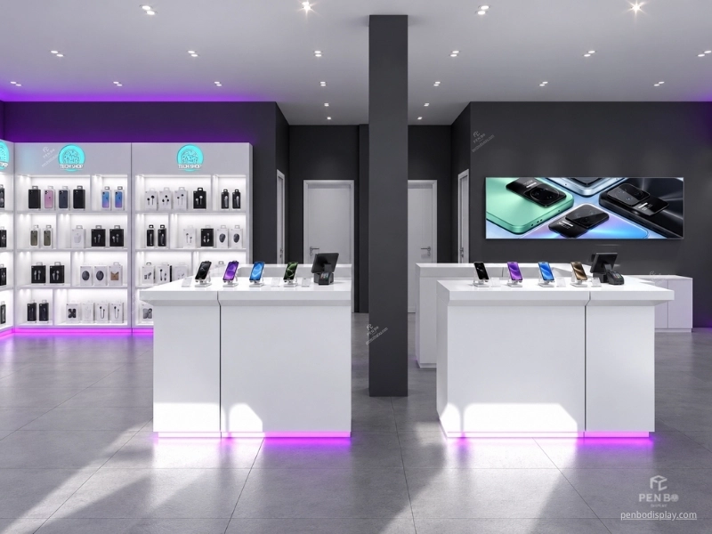 Mobile phone display tables with secure stands and integrated LED lighting