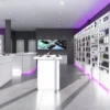 Phone accessories display wall with custom shelving and illuminated cabinets
