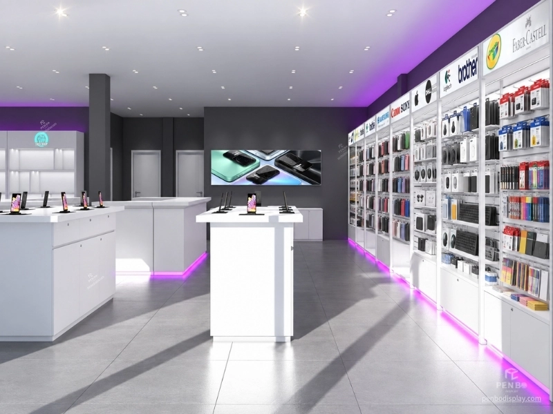 Phone accessories display wall with custom shelving and illuminated cabinets