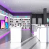 Electronics store interior with TV displays and mobile phone display counters