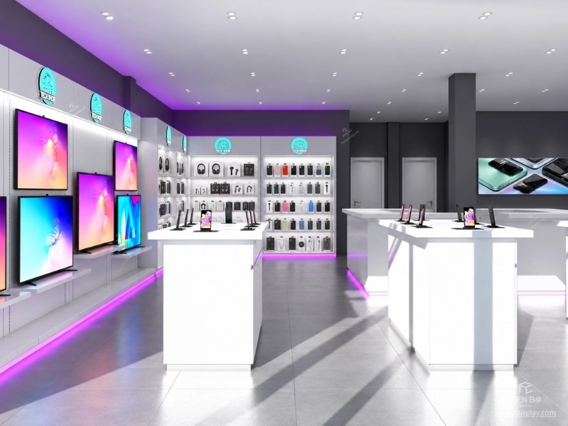 Electronics store interior with TV displays and mobile phone display counters
