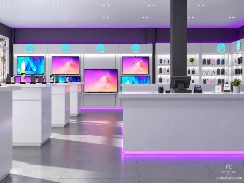 Custom checkout counter and electronics display fixtures for a mobile phone store